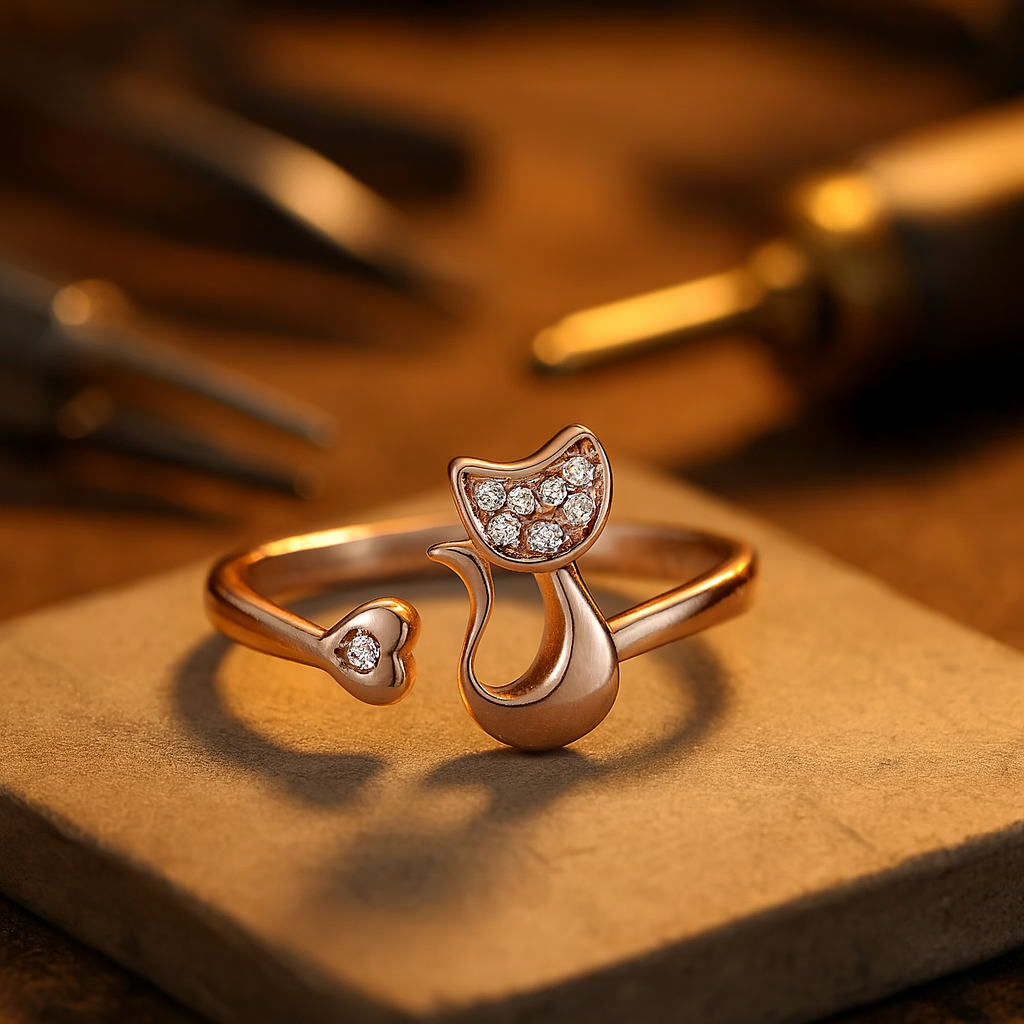 Anillo abierto con lindo gato – Zirconias